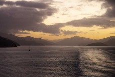 Sunset in the Marlborough Sounds near Picton, Tasman, New Zealand.