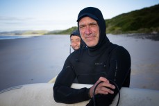 Luke Darby (front) and Thomas Oki during a fun swell at Blackhead, Dunedin, New Zealand.