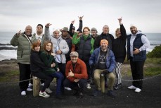 The Kahawai Productions' film crew with the Modern Māori Quartet wrap filming at Brighton Beach, Ōtepoti, Aotearoa New Zealand . Photo: Derek Morrison